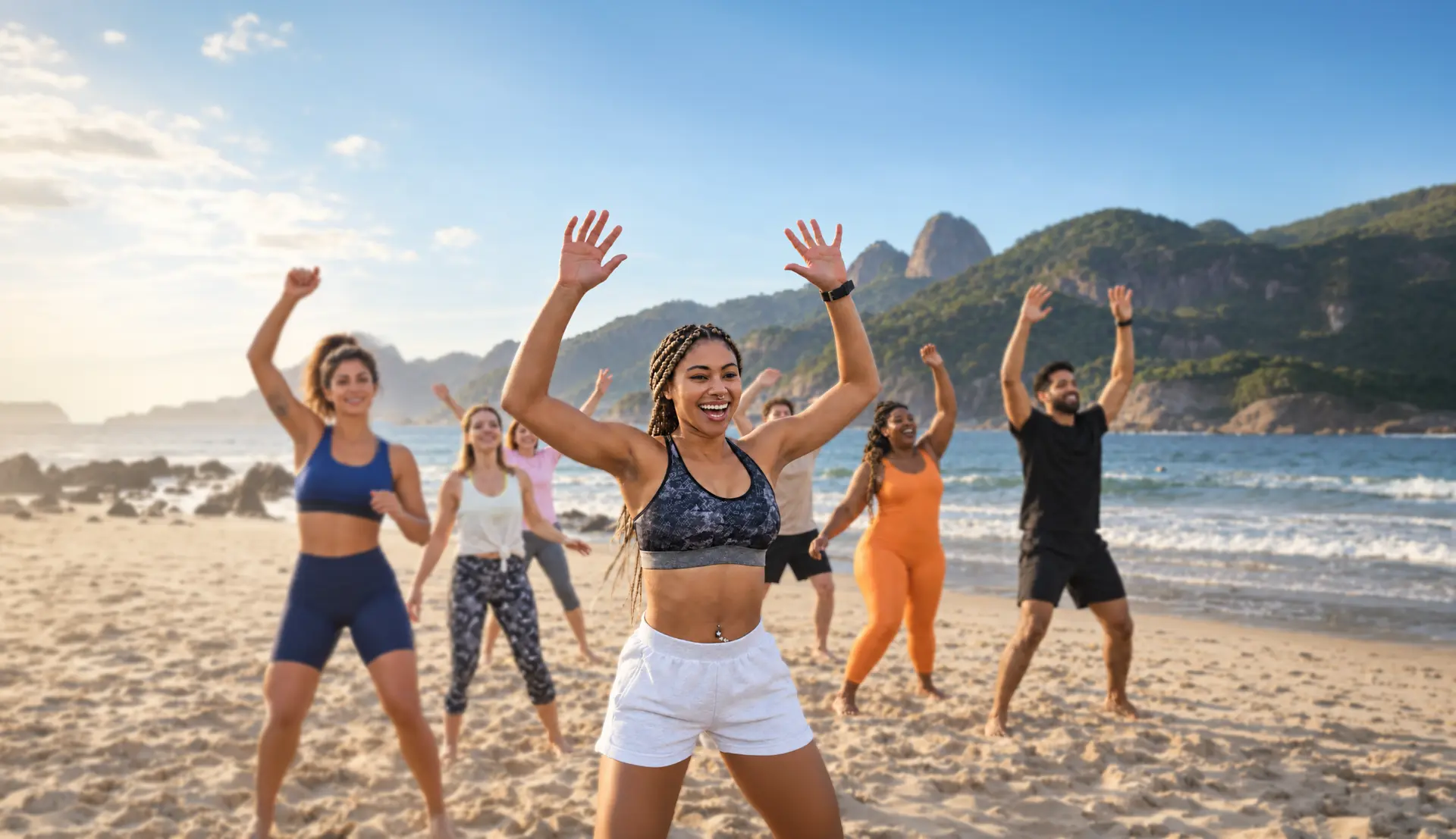 Grupo de pessoas treinando em uma praia do Rio de Janeiro ao amanhecer
