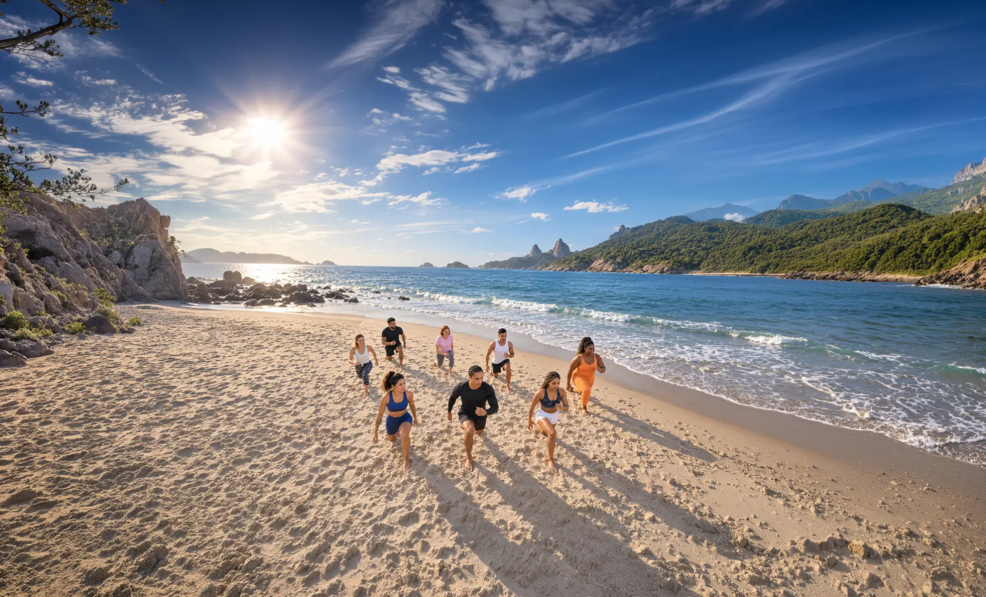 Grupo de pessoas treinando juntas em uma praia do Rio de Janeiro visto de cima